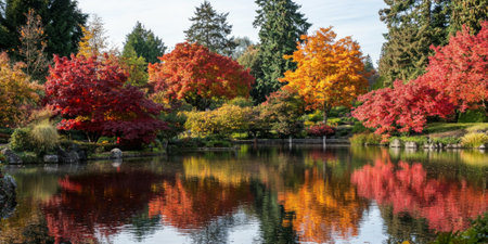 A serene lake surrounded by autumn trees with leaves in shades of red, orange, and gold. The still water reflects the vibrant colors, creating a picturesque and tranquil setting.の素材