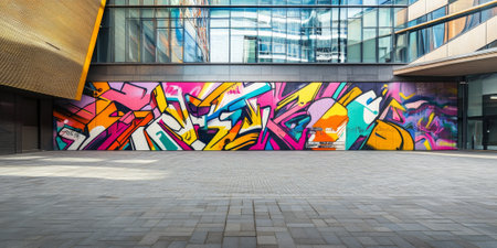A vibrant urban street art scene with colorful graffiti murals covering brick walls. The street is empty, with a gritty yet artistic vibe, ideal for creative or urban themes.の素材