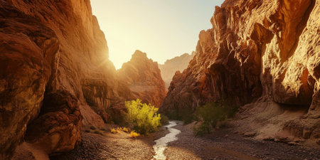 A dramatic desert canyon with towering red rock formations and a winding river at the bottom. The warm sunlight highlights the rugged beauty of the landscape.の素材