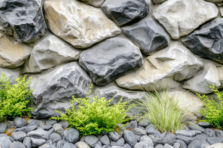 Textured riverbank stones, rugged gray and beige rocks with soft moss accents under sunlight, calming and naturalの素材
