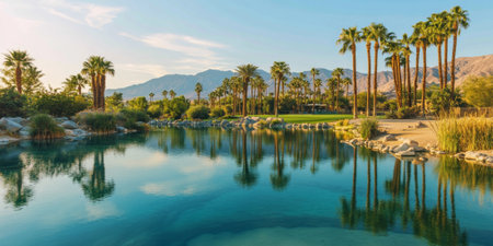 A peaceful desert oasis with a clear blue pond surrounded by palm trees and golden sand dunes. The serene setting evokes a sense of wonder and escape.の素材