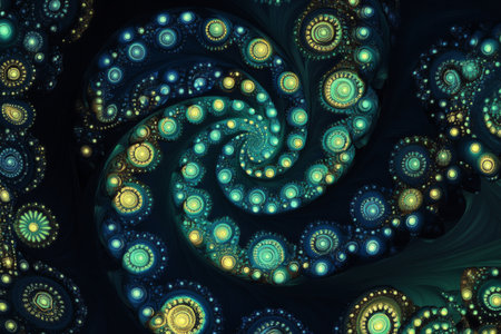 Abstract luminous fractal texture, intricate green and blue spirals glowing dynamically in a dark expanse, celestial and captivatingの素材