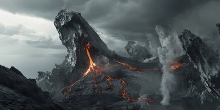 A dramatic volcanic eruption with molten lava flowing down a rugged mountain and ash clouds rising into the sky. The intense scene captures the raw power of nature.の素材