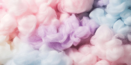 A soft pastel background featuring fluffy cotton candy-like clouds in shades of pink, lavender, and baby blue. The whimsical design evokes a dreamlike and calming atmosphere, perfect for creative or fantasy-themed projects.の素材
