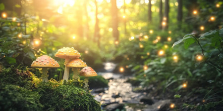 A mystical enchanted forest with glowing mushrooms, sparkling streams, and soft light filtering through dense foliage. The magical setting is perfect for fantasy themes.の素材