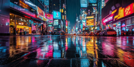 A futuristic neon city street with glowing signs in various colors, sleek architecture, and rain-slicked pavement reflecting the lights. The cyberpunk atmosphere is energetic and immersive.の素材