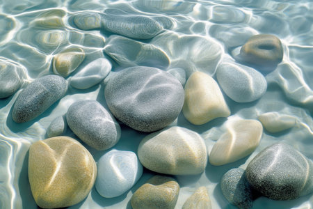 Textured riverbed stones, smooth gray and beige pebbles scattered naturally in clear water, calming and organicの素材