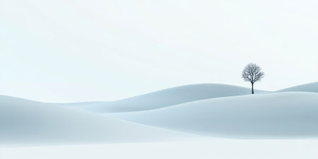 A minimalist snowy landscape with a lone tree in the distance, soft rolling hills, and a pale blue sky. The tranquil and simple setting evokes a sense of peace.の素材