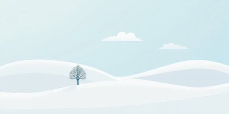 A minimalist snowy landscape with a lone tree in the distance, soft rolling hills, and a pale blue sky. The tranquil and simple setting evokes a sense of peace.の素材