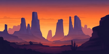 A dramatic desert landscape at twilight, with towering rock formations silhouetted against a deep orange and purple sky. The stark and majestic setting feels timeless.の素材