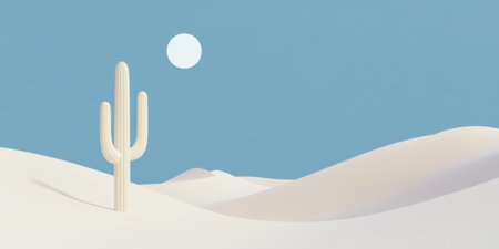 A minimalist desert landscape with soft rolling dunes, a single cactus, and a bright blue sky. The stark beauty is both simple and captivating.の素材