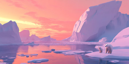 A dramatic Arctic scene with towering icebergs floating in a calm sea, polar bears standing on the ice, and a pink-hued sky at sunset. The majestic and remote setting feels serene and powerful.の素材