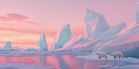 A dramatic Arctic scene with towering icebergs floating in a calm sea, polar bears standing on the ice, and a pink-hued sky at sunset. The majestic and remote setting feels serene and powerful.の素材
