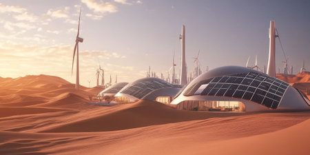 A futuristic desert colony with sleek domes, solar panels, and wind turbines against a backdrop of red sand dunes. The advanced design highlights sustainable living.の素材