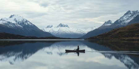 A serene alpine lake surrounded by snow-capped peaks, with a lone canoe gliding across the still, reflective water. The tranquil and majestic scene captures peace and grandeur.の素材