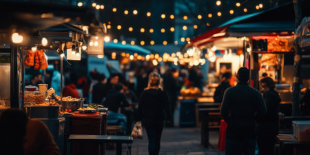 A bustling food truck park at dusk, with glowing string lights, delicious aromas, and people enjoying meals together. The lively atmosphere celebrates street food culture.の素材