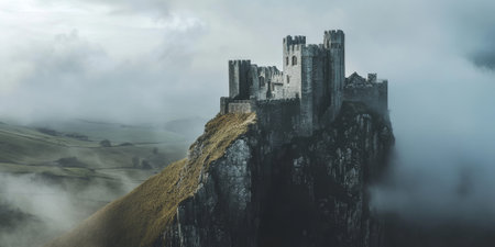 A dramatic castle perched atop a cliff, surrounded by mist and rolling hills. The medieval architecture and moody setting evoke a sense of mystery and grandeur.の素材