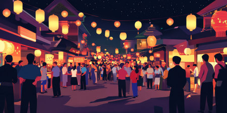 A vibrant festival scene with people in traditional attire, lanterns glowing in the night, and lively music creating a festive atmosphere. The cultural celebration feels joyous and energetic.の素材