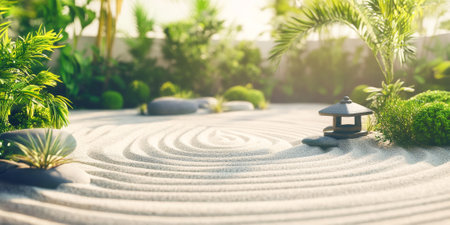 A tranquil Zen garden with raked sand patterns, a small stone lantern, and lush greenery. The serene and minimalist setting is perfect for relaxation and meditation themes.の素材