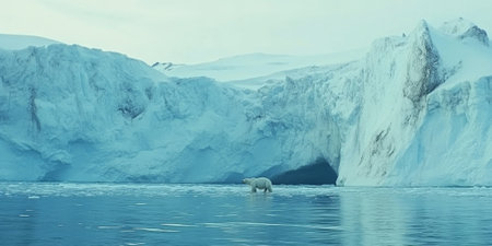 A dramatic polar landscape with massive glaciers, icy blue waters, and a lone polar bear in the distance. The pristine and majestic environment highlights the raw beauty of the Arctic.の素材