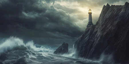A dramatic lighthouse on a rocky cliff during a storm, with waves crashing against the rocks, dark clouds overhead, and a beam of light cutting through the gloom. The powerful scene feels resilient and dramatic.の素材