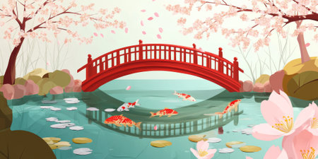 A serene garden pond in Japan, with a red wooden bridge, koi fish swimming beneath lily pads, and cherry blossoms gently falling into the water. The peaceful setting feels harmonious and timeless.の素材