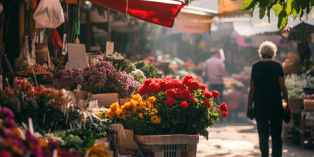 A bustling farmerÃ¢â¬â¢s market with stalls of fresh produce, flowers, and artisanal goods. The lively and colorful scene highlights community and local culture.の素材