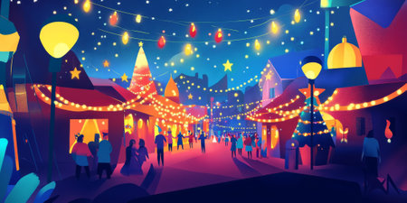 A vibrant holiday festival with twinkling lights, festive decorations, and cheerful crowds enjoying the celebrations. The joyful atmosphere feels warm and inviting.の素材