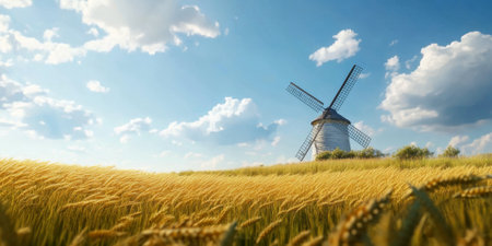 A serene countryside windmill surrounded by golden wheat fields, a clear blue sky overhead, and soft clouds on the horizon. The peaceful and picturesque setting evokes rural charm.の素材