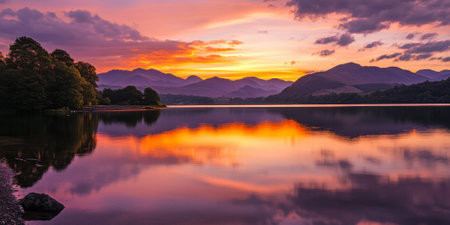 A dramatic sunset over a calm lake with reflections of the fiery orange and purple sky in the water. The tranquil setting is breathtaking and serene.の素材