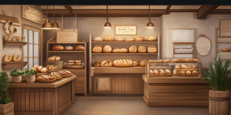 A cozy bakery interior with freshly baked bread on rustic wooden shelves, warm lighting, and the aroma of pastries. The inviting atmosphere feels comforting and warm.の素材
