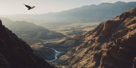 A dramatic canyon with layered red rock formations, a winding river below, and a golden eagle soaring overhead. The rugged and awesome scene captures the grandeur of the natural world.の素材