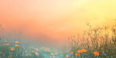 A peaceful meadow at dawn with soft mist hovering over wildflowers and a warm orange glow on the horizon. The tranquil setting evokes renewal and calmness.の素材