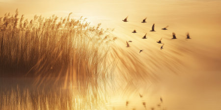 A tranquil sunrise over a serene marshland, with reeds swaying gently in the breeze, a flock of birds taking flight, and soft golden light reflecting off the water. The peaceful scene feels untouched and beautiful.の素材