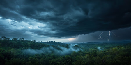 A dramatic storm over a dense rainforest, with dark clouds rolling in, lightning striking in the distance, and mist rising from the treetops. The wild and powerful setting feels alive.の素材
