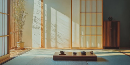 A tranquil Zen-inspired tea room with tatami mats, sliding wooden doors, and a simple arrangement of tea utensils. The serene and minimalist setting feels meditative.の素材