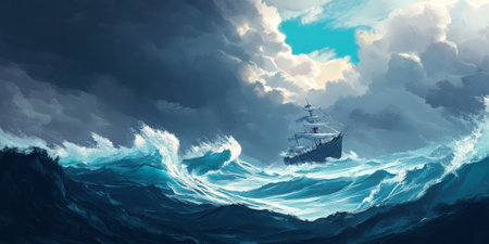 A dramatic stormy coastline with towering waves, dark clouds, and a lone ship braving the rough seas. The intense and powerful scene captures the raw energy of nature.の素材