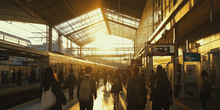 A bustling train station during rush hour with people hurrying, announcements echoing, and sunlight streaming through the glass roof. The dynamic urban setting captures the energy of daily life.の素材