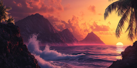 A dramatic tropical island at sunset with jagged cliffs, waves crashing below, and a vibrant orange and pink sky. The wild and scenic setting feels adventurous and untamed.の素材