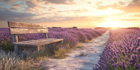 A tranquil lavender field at sunset with rows of purple blooms stretching to the horizon, a soft golden glow in the sky, and a rustic wooden bench placed in the foreground. The peaceful setting exudes relaxation and natural beauty.の素材