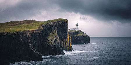 A dramatic lighthouse on a rocky cliff during a storm, with waves crashing against the rocks, dark clouds overhead, and a beam of light cutting through the gloom. The powerful scene feels resilient and dramatic.の素材