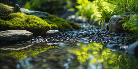 A serene Zen garden with carefully raked gravel, moss-covered stones, and a small pond reflecting the surrounding simplicity and tranquility. The meditative scene feels harmonious.の素材
