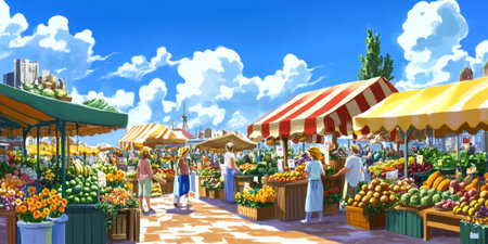 A bustling farmers market with colorful produce stands, fresh flowers, and people enjoying homemade treats under sunny skies. The vibrant and lively scene feels wholesome and inviting.の素材