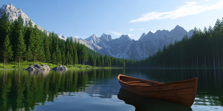 A tranquil mountain lake surrounded by tall pines, with crystal-clear reflections of the peaks and a wooden rowboat floating gently on the water. The peaceful scene feels untouched.の素材