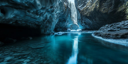 A dramatic glacier fjord with towering ice walls, a clear blue river winding through, and soft light reflecting off the icy surface. The majestic and pristine setting feels untouched.の素材