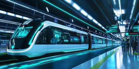 A futuristic transportation hub with sleek trains, glowing platforms, and holographic signs. The advanced and innovative design is ideal for sci-fi and technology themes.の素材