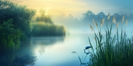 A tranquil marshland at dawn with cattails swaying in the breeze, a heron wading in the water, and soft light reflecting on the surface. The peaceful and natural setting feels serene.の素材