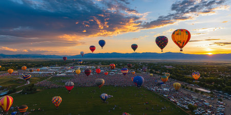 A vibrant balloon festival with hundreds of colorful hot air balloons floating in the sky at sunrise. The cheerful and magical scene is perfect for travel and adventure themes.の素材