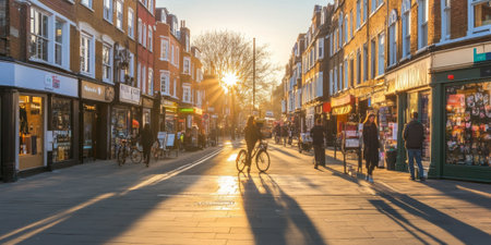 A vibrant city street at dawn with people opening shopfronts, delivery bikes passing by, and the first rays of sunlight casting long shadows. The dynamic setting captures the start of a new day.の素材
