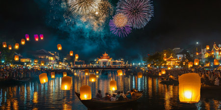 A vibrant festival of lights celebration, with floating lanterns illuminating a river, colorful fireworks above, and crowds gathered in joyful reverence. The lively and spiritual scene feels magical.の素材